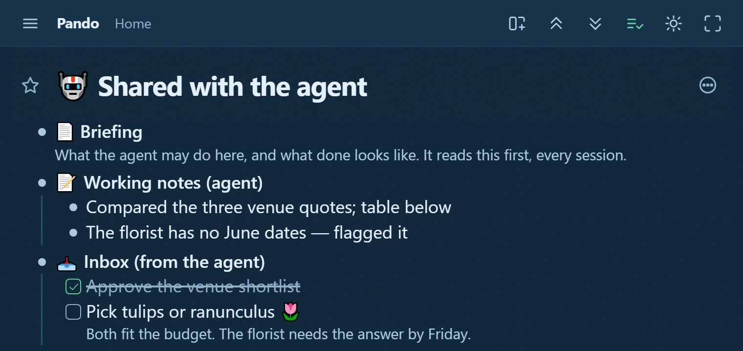 A branch shared with an agent in Pando: a briefing, the agent's own working notes, and an inbox with one task ticked