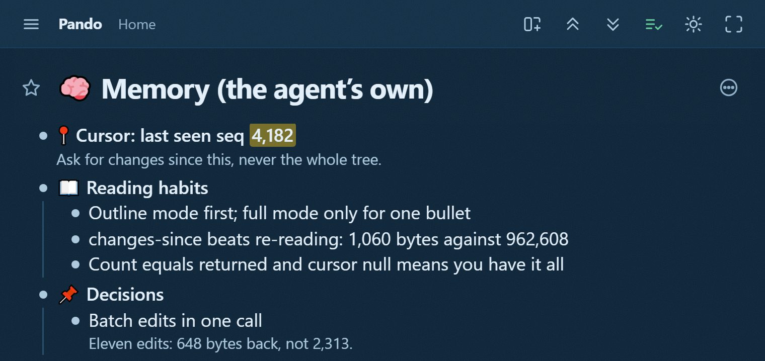 An agent memory branch in Pando: the last sequence number it saw, and the three reading habits, above its decisions