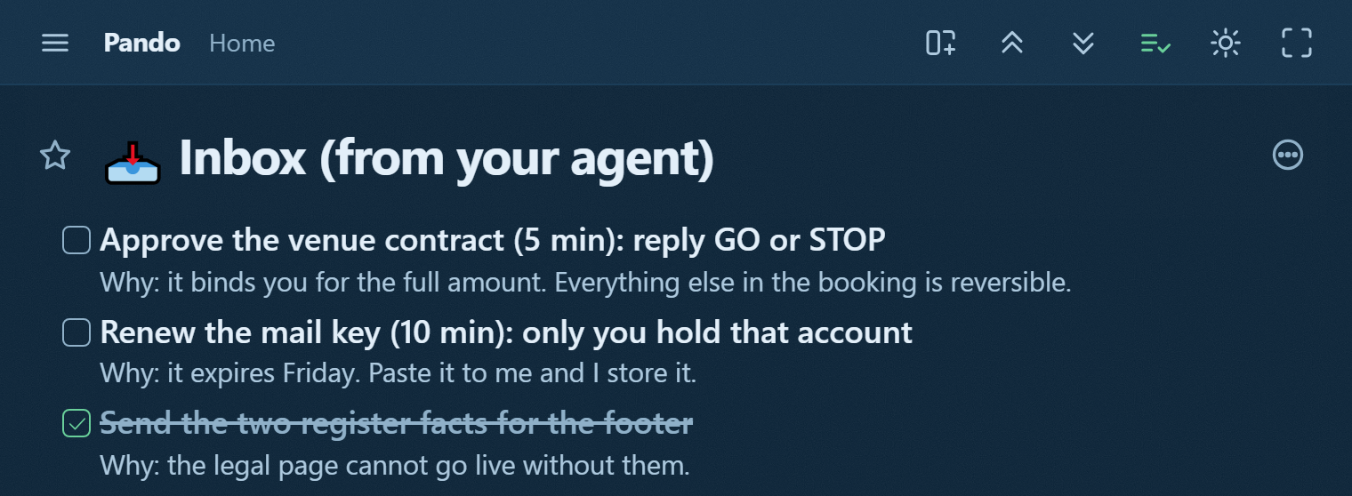 An inbox in Pando called Inbox (from your agent): a contract approval with the why in the note, a key renewal only the owner can do, and a completed task struck through