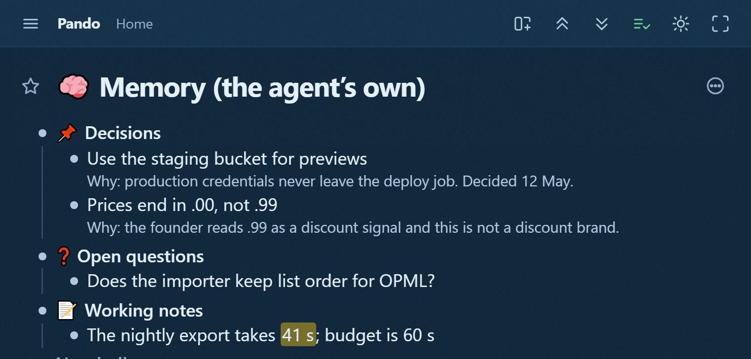 An agent's memory branch in Pando: Decisions with a why-note, Open questions, Working notes