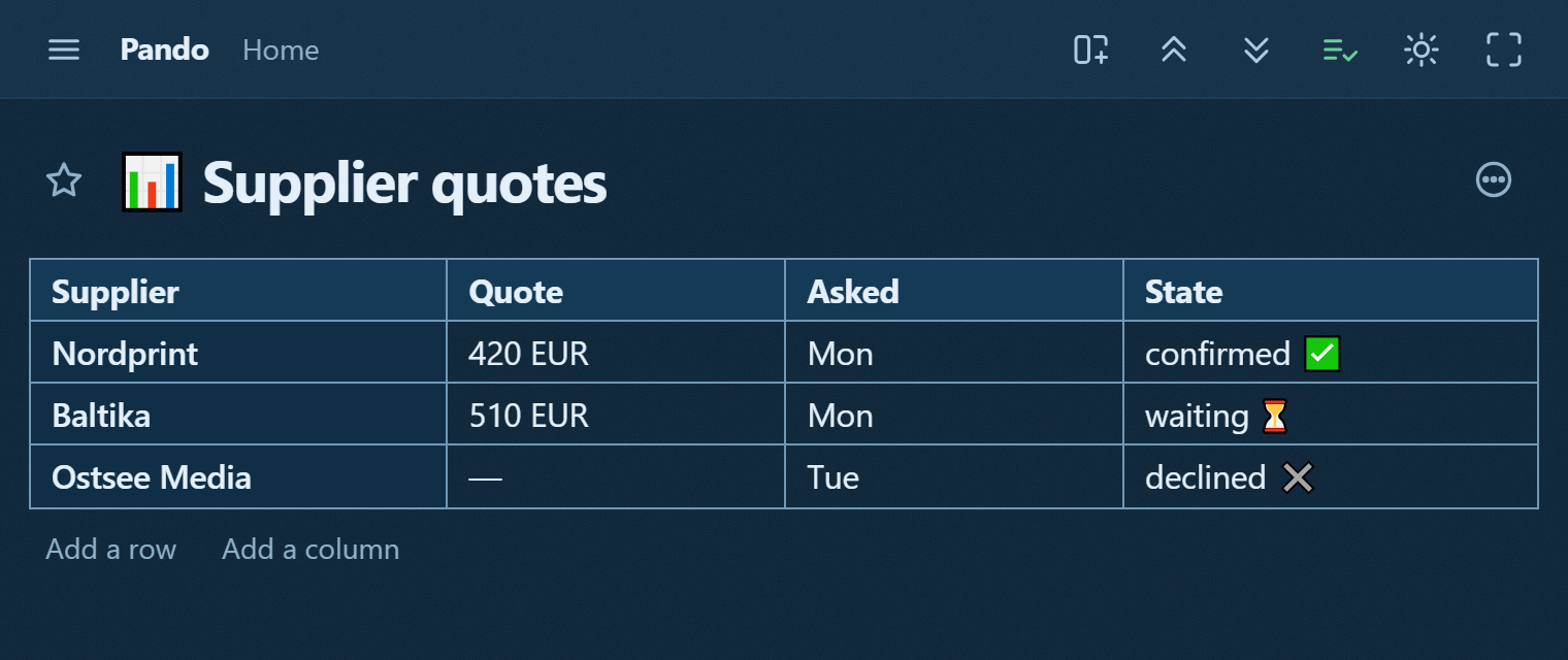 A table in Pando: supplier, quote, asked, state, with three rows
