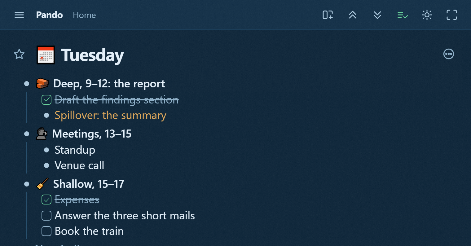 A blocked day in Pando: deep work with one item ticked and one marked spillover, a meetings block, and a shallow block holding three small tasks