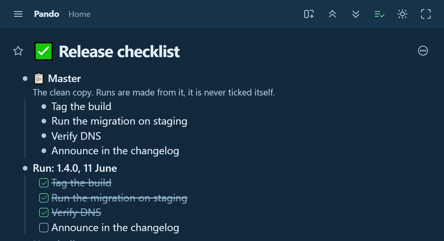 The Checklists tree in Pando: a clean master release checklist above, and a dated run below with three of four boxes ticked
