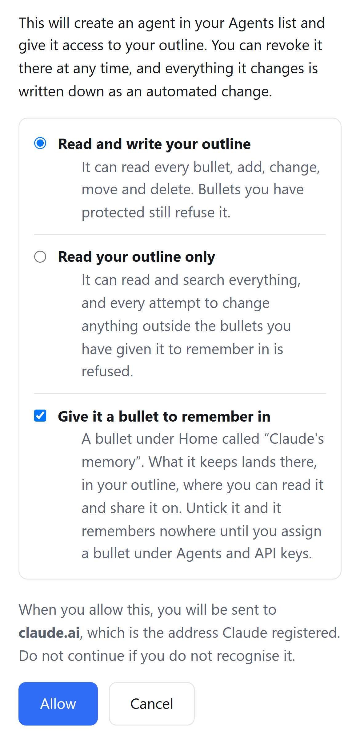 Pando's consent page on a phone, for a connector named Claude. It says the connector becomes an agent in your Agents list that you can revoke at any time. Two choices follow: Read and write your outline, which is selected, or Read your outline only. Below them a ticked box, Give it a bullet to remember in, makes a bullet under Home called Claude's memory. The page says Allow sends you back to claude.ai, the address Claude registered.