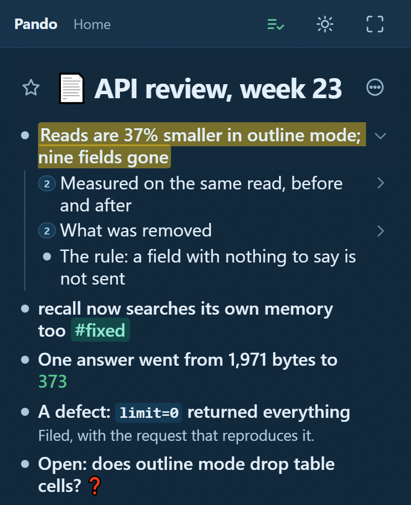 The same screen with the first finding expanded, showing three children: "Measured on the same read, before and after" with two more underneath, "What was removed" with two more, and "The rule: a field with nothing to say is not sent". The other four findings stay closed below it.