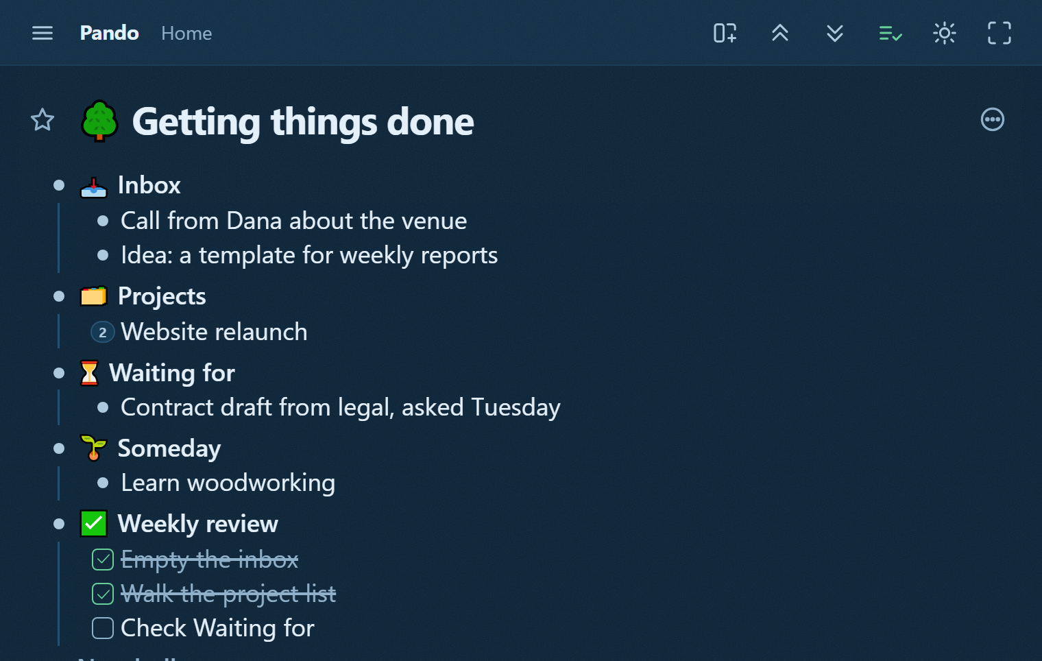 The GTD tree in Pando: Inbox with two captures, Projects with a ticked next action, Waiting for, Someday, and a Weekly review checklist half done