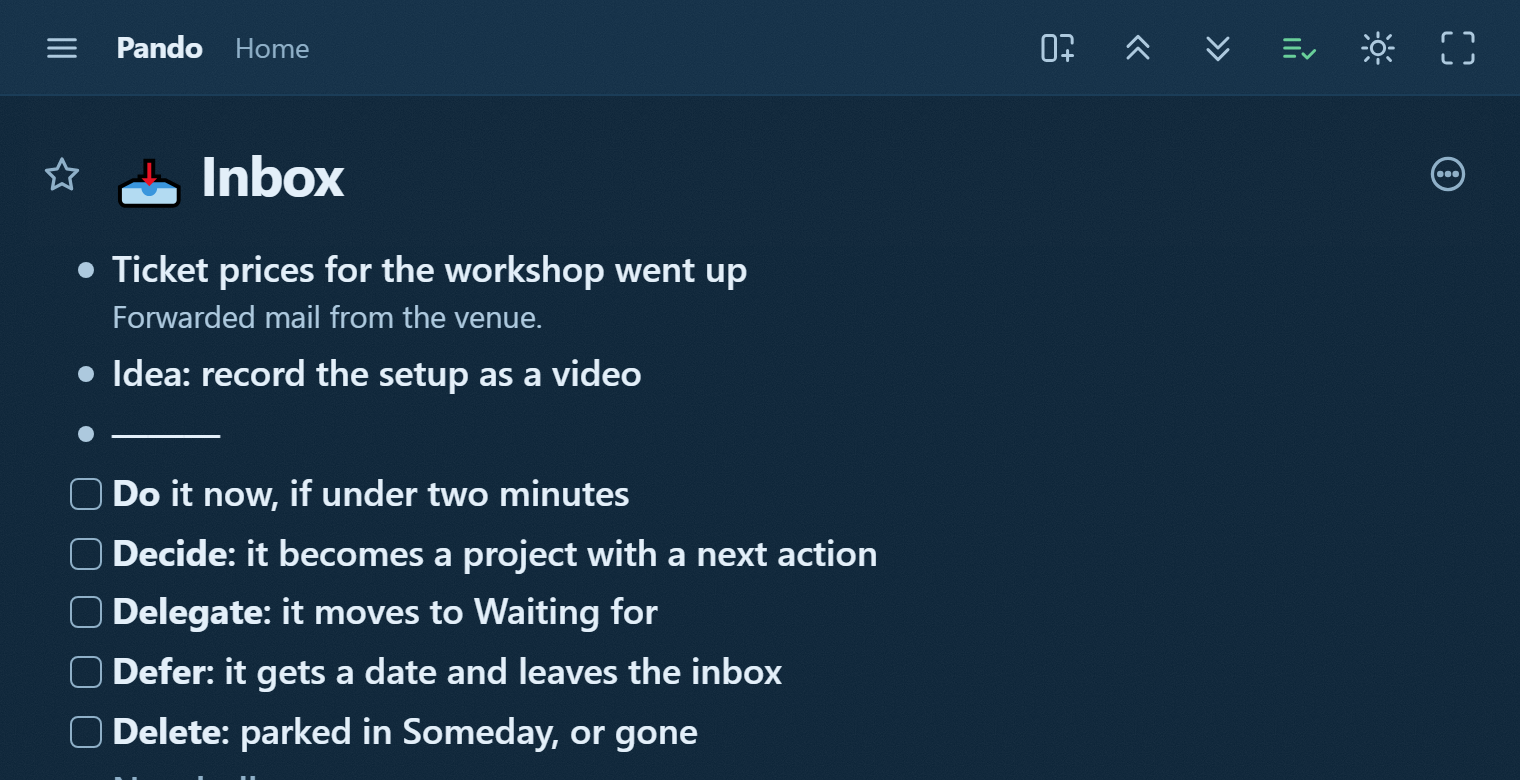 An inbox in Pando with two captures above the five doors, each a checkbox: do, decide, delegate, defer, delete