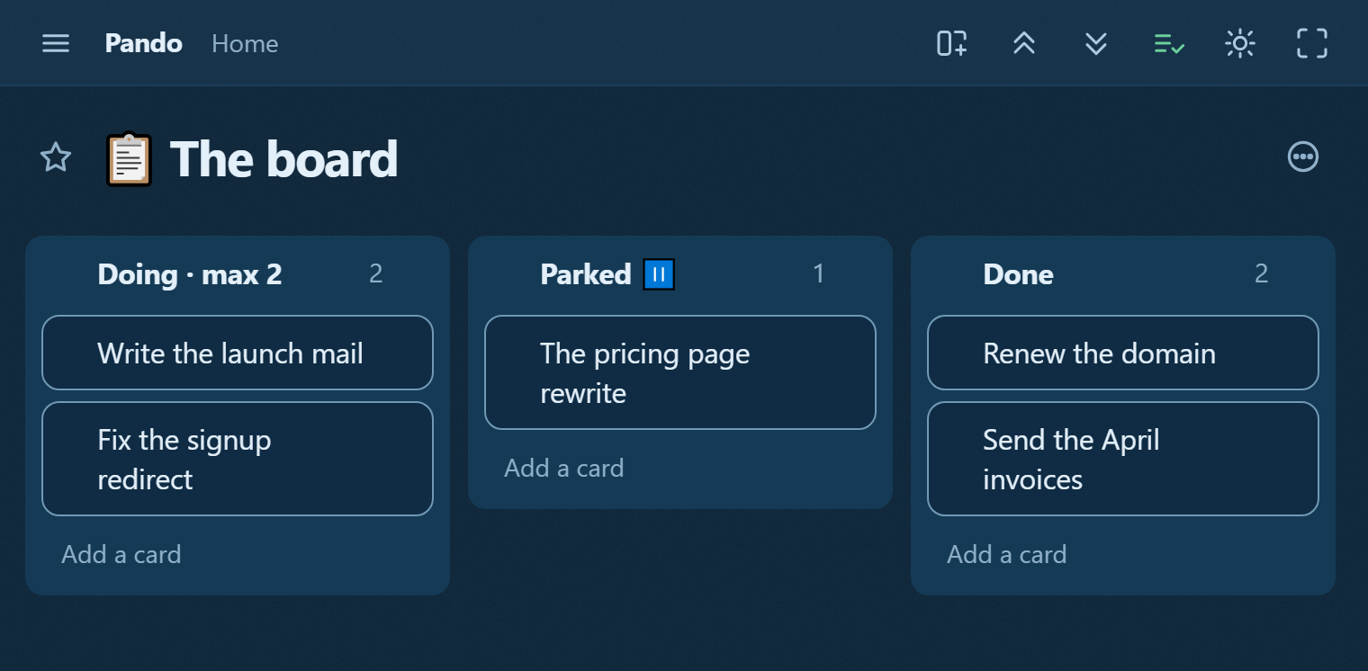 A kanban board in Pando: the Doing column is named max 2 and holds exactly two cards, with Parked and Done beside it