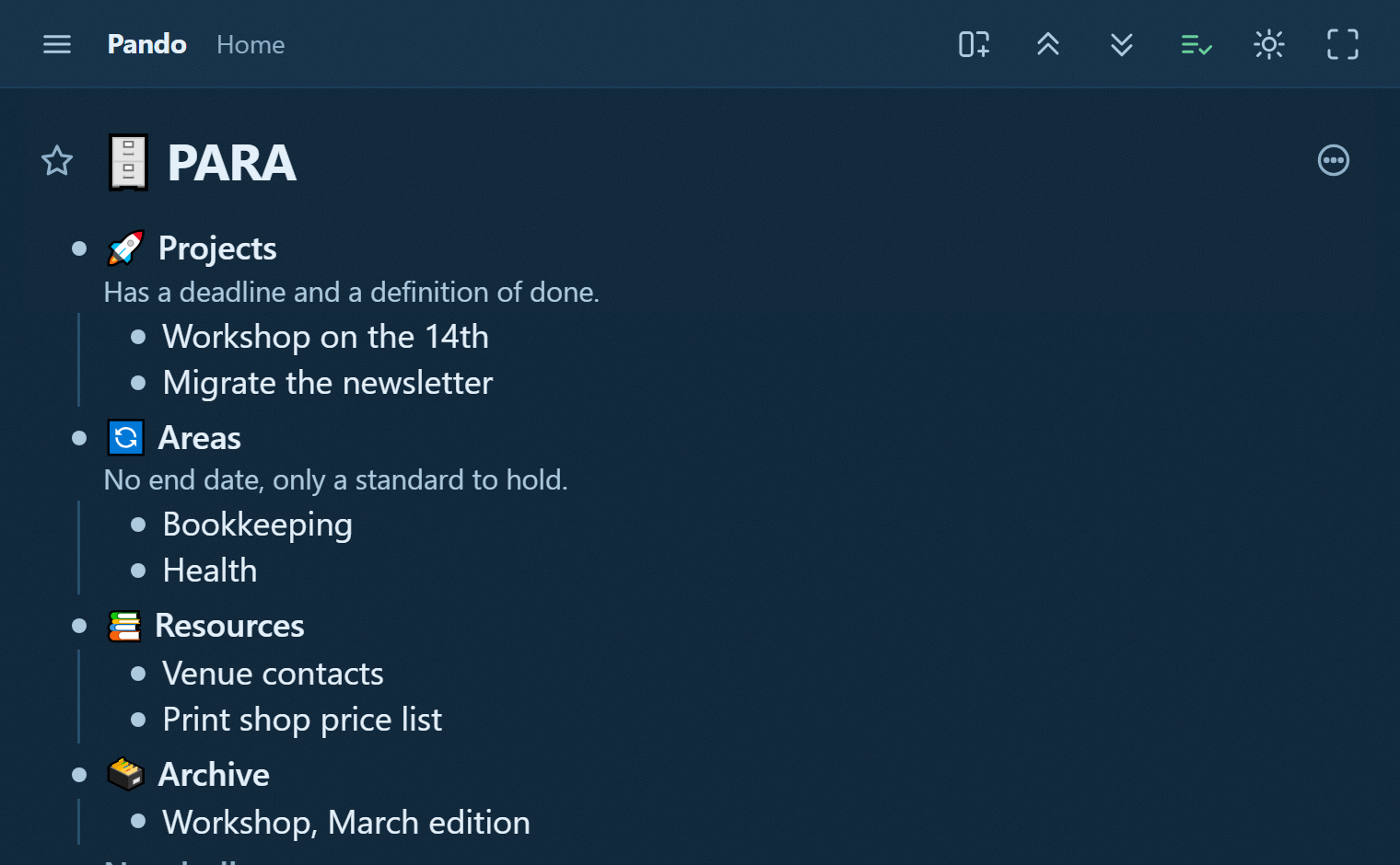 PARA in Pando: Projects with deadlines, Areas as standards, Resources, and an Archive, each open with examples