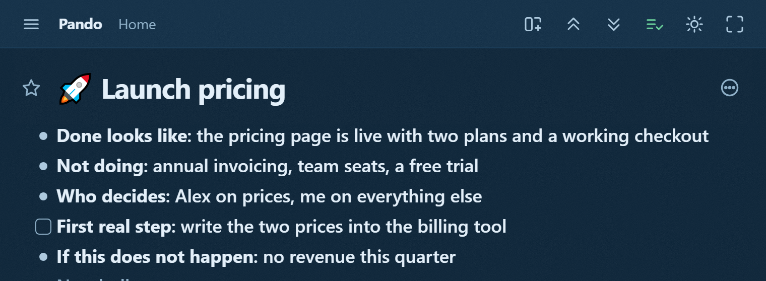 A project in Pando with the five brief bullets: done looks like, not doing, who decides, first real step as a checkbox, and what happens if it does not