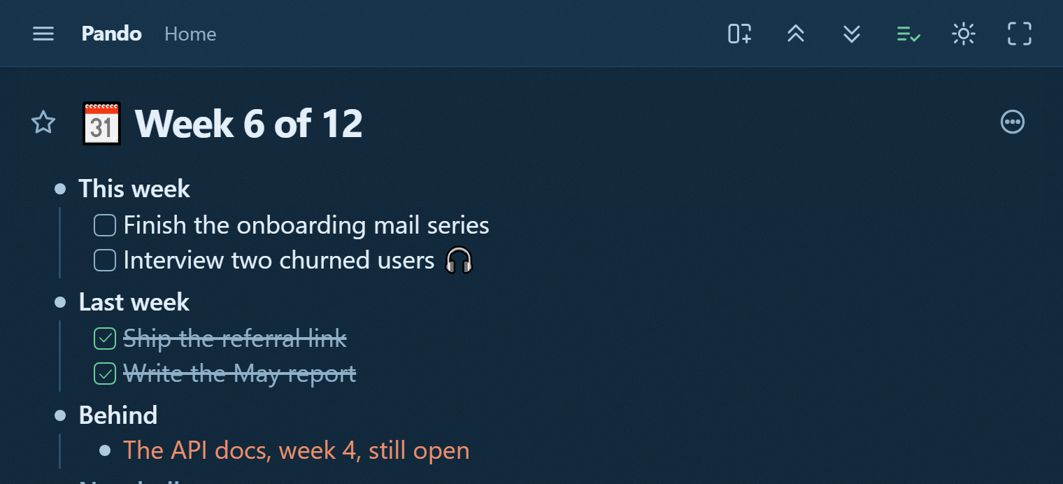 A twelve-week plan in Pando: week 6 of 12 as the heading, this week's work, last week ticked, and what is behind