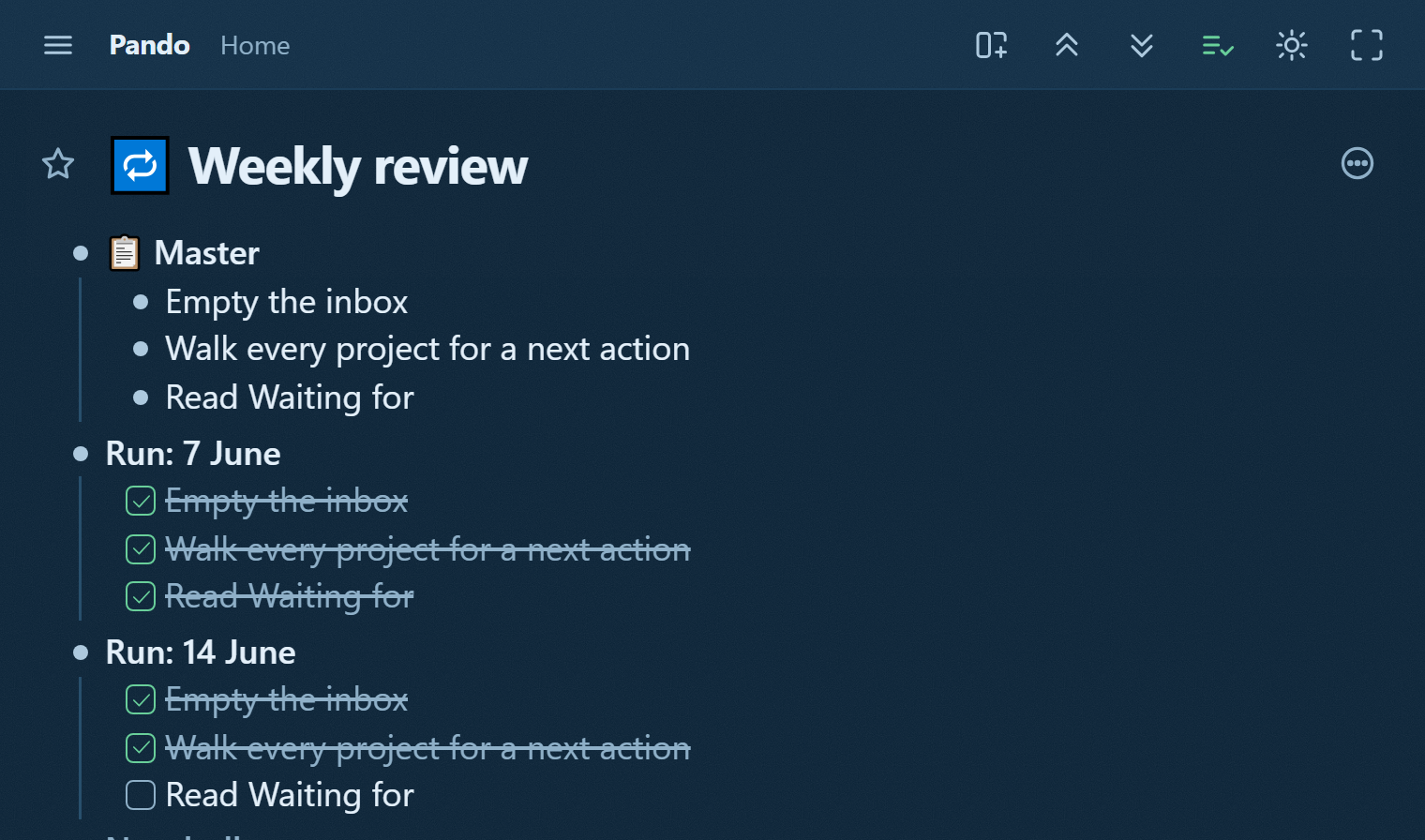 A weekly review in Pando: the master checklist above, two dated runs below, last week fully ticked, this week two of three