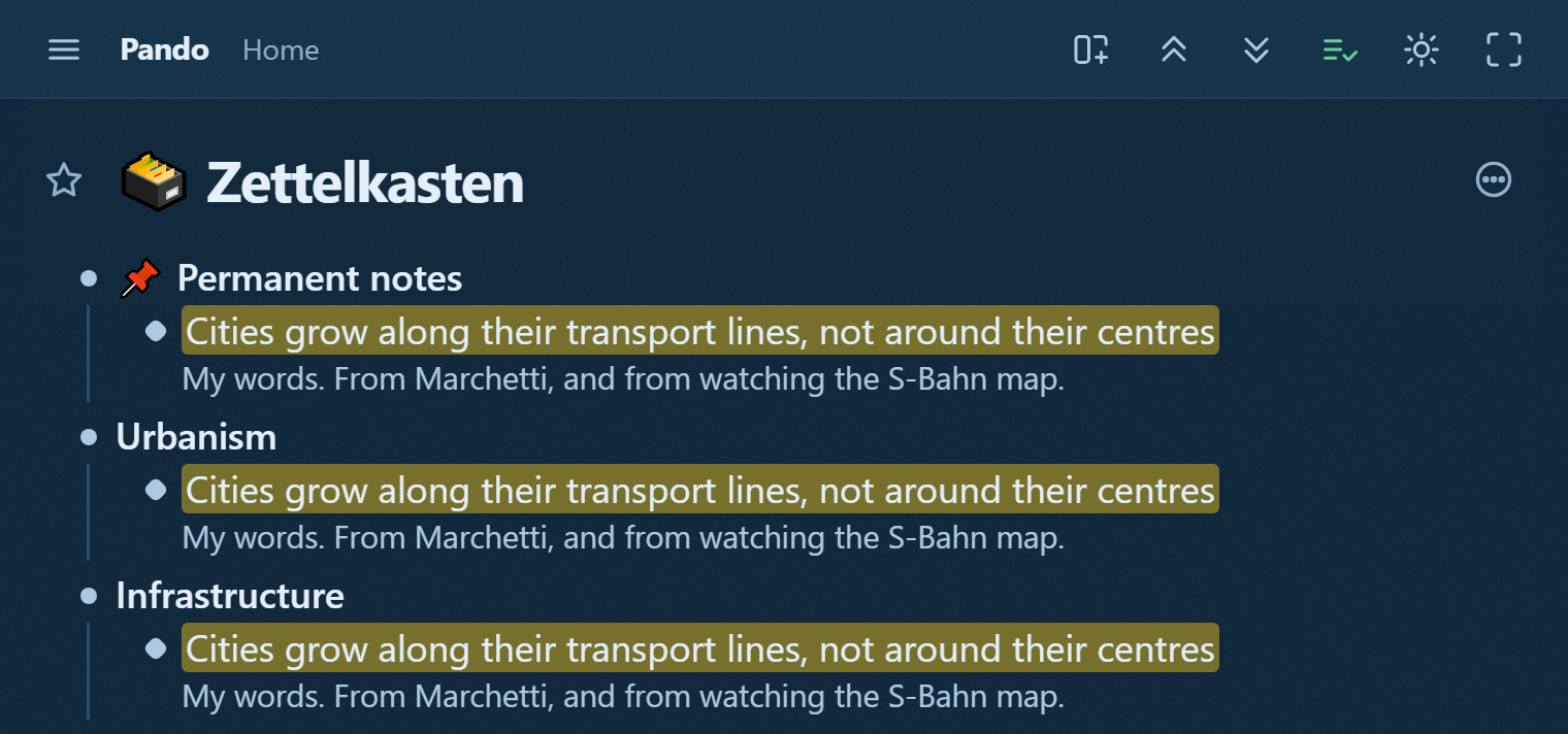 A Zettelkasten in Pando: the same note about cities standing under Permanent notes, under Urbanism and under Infrastructure, marked with mirror dots