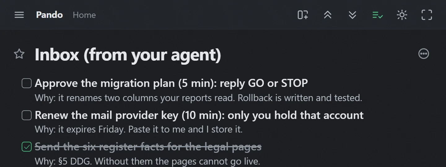 The same agent inbox in dark mode.