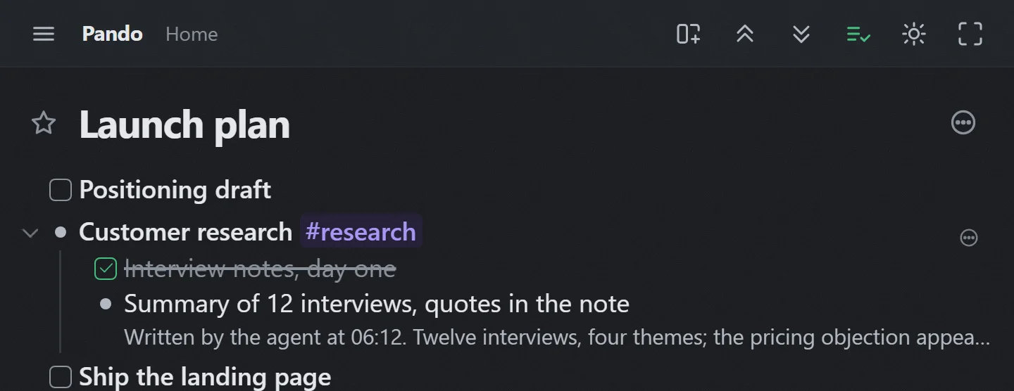 The same Launch plan outline in dark mode.